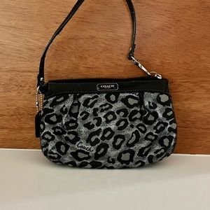 Vintage Coach Lurex Ocelot Leopard Silver/Black Wristlet with Black Patent Trim